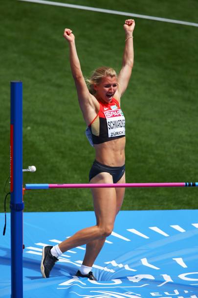L’esultanza di Lilli Schwarzkopf, tedesca, dopo la prova di salto in alto dell’heptathlon. Getty Images